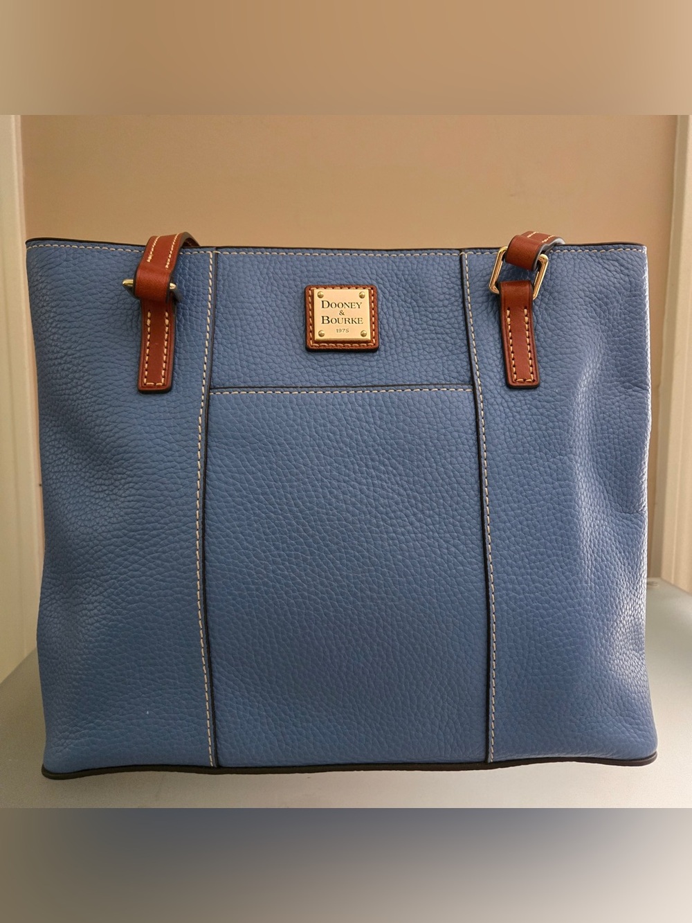 Dooney & Bourke Pebble Grain Small Lexington Shopper- blue/brown leather trim